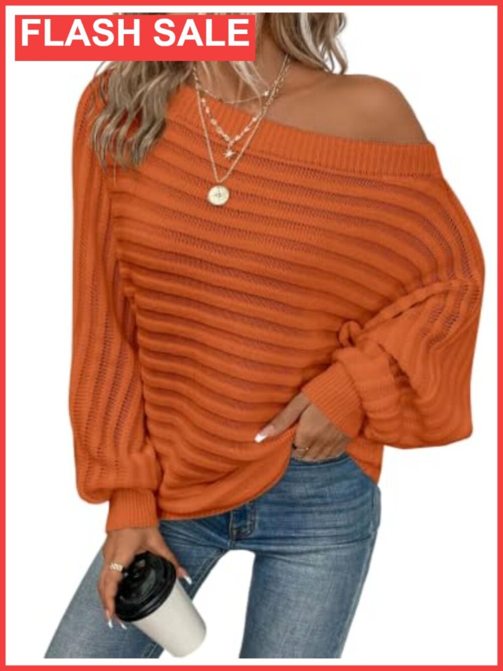 Off Shoulder Batwing Sleeve Oversized Knit Sweater